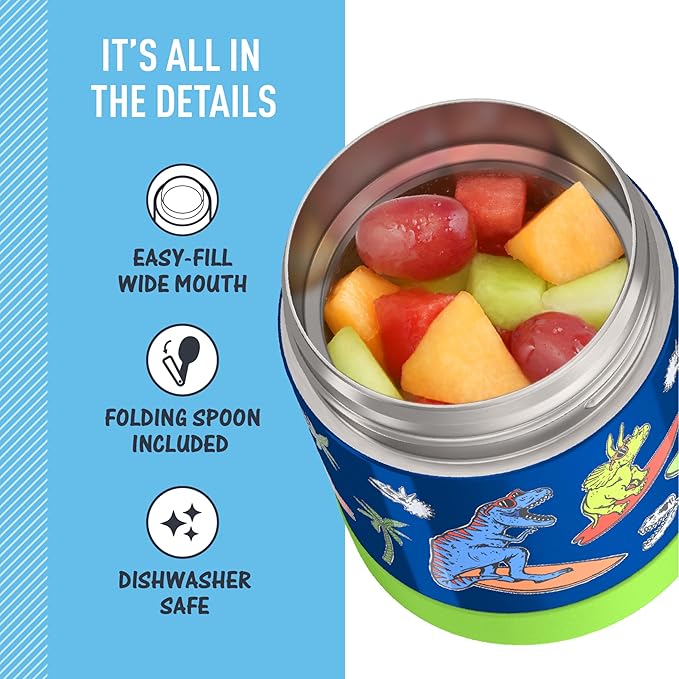THERMOS FUNTAINER Insulated Food Jar, 10 Ounce, Kid Friendly Food Jar with Foldable Spoon, Daring Dinos