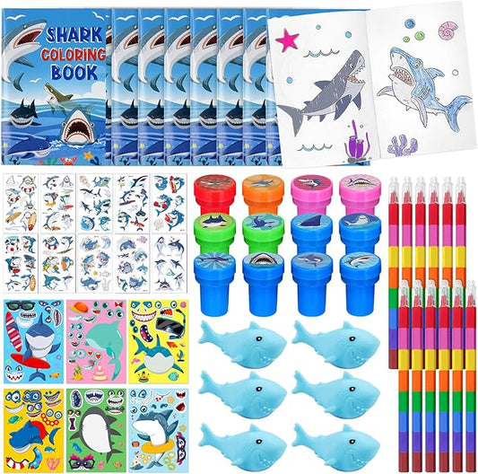 Cinrobiye 72 Pcs Shark Toddler Party Favors,Shark Coloring Book Ocean Animals Party Goodie Bags Fillers,Under the Sea Birthday Party Decorations Craft DIY Kit Face Stickers Tattoo for Shark Pinatas