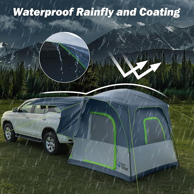JOYTUTUS Dual-Use SUV Tent, SUV Camping Tent with Rainfly, Movie Screen and Four Steel Frame Poles, SUV Tailgate Tent with Awning Shade, Car Roof Canopy for SUV CUV Van