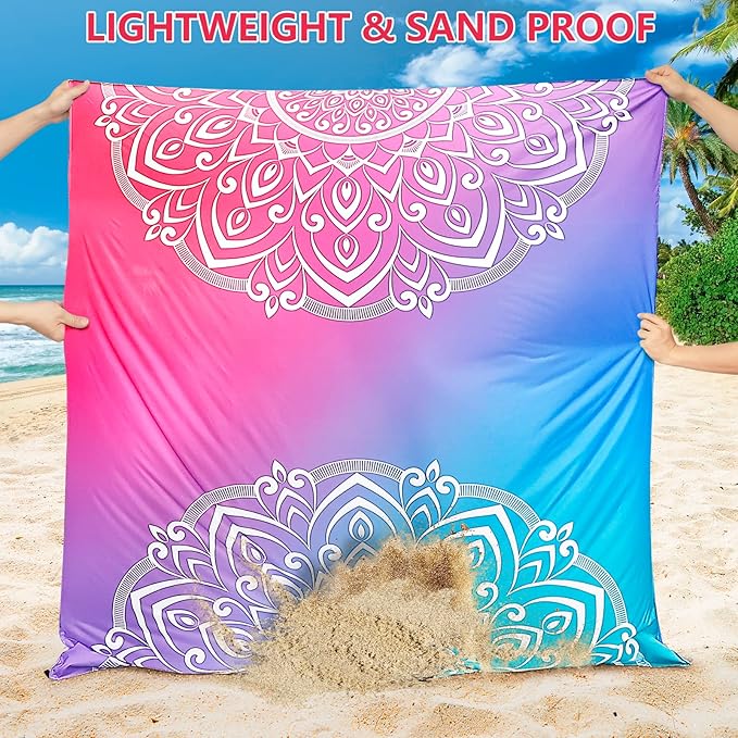 Beach Blanket, Sandproof Beach Mat, Waterproof Quick Drying Lightweight Outdoor Aztec Picnic Mat 79" X 83" for 2-4 Adults with Pocket for Travel, Camping, Hiking