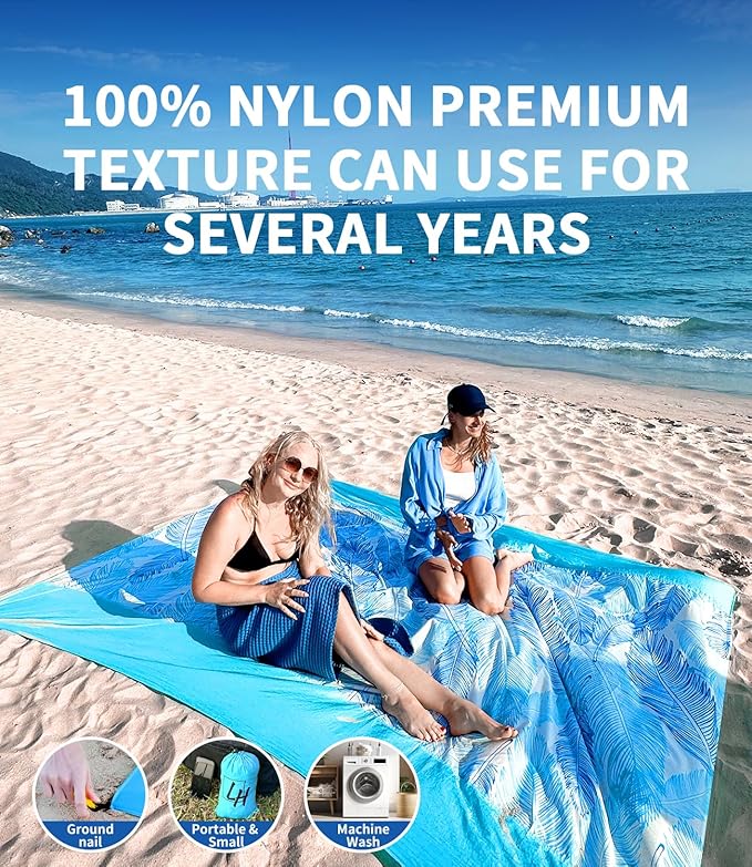 LH Beach Blanket Sandproof, 107"*90" Extra Large Waterproof Beach Mat for 2-8 Adults, Picnic Blankets for Camping, Beach Essentials Big & Compact Quick Drying, Lightweight & Durable with 4 Stakes