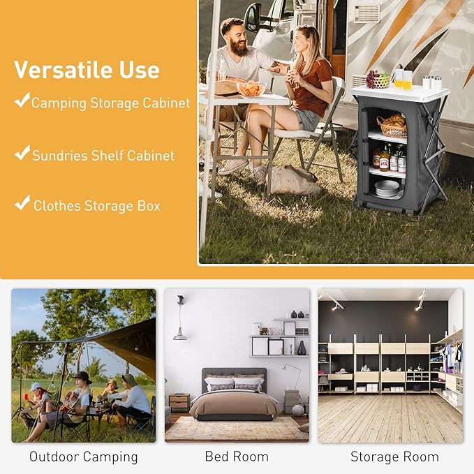 Goplus Folding Camping Storage Cabinet, Pop Up Outdoor Camping Kitchen Station with Large 3-Tier Storage Organizer, Carry Bag, Easy Set Up Portable Compact Camping Table for BBQ Picnic Backyard (35'')