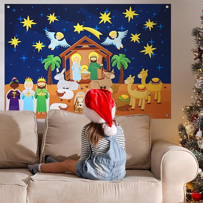 Batiyeer Nativity Felt Story Board for Toddlers 31 Pcs Birth of Jesus Felt Figure Felt Board Story Sets Interactive Felt Board for Kids Felt Story Board Pieces for Kids Classroom Activity Christmas