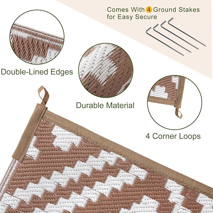 OPPODREAM Outdoor Rug 5x8 Ft, Waterproof Outdoor Plastic Straw Rug for Patio, Reversible Out Door Carpet for Camping, Deck, Rv, 5 x 8 Area Carpet for Balcony, Porch, Backyard, White and Brown