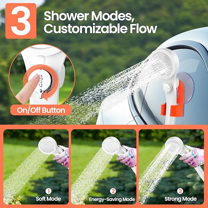 Portable Camping Shower with 7800mAh Battery - 3 Spray Modes, IPX7 Waterproof & Powerful Suction for Indoor, Camping, Beach Travel, RV Life, Pet Bathing, Gardening