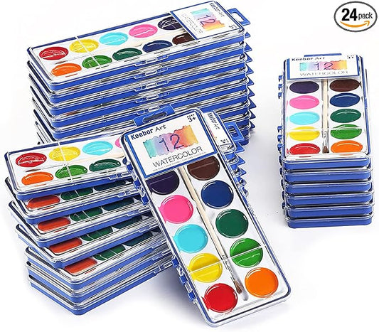 12 Colors Watercolor Paint Set for Kids, 24 Pack Washable Water Colors for Party Favors, Gifts, Classroom Supplies (Wood Brushes Included)