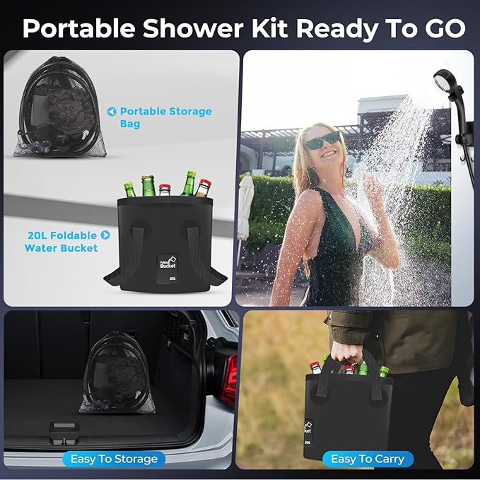 Portable Shower for Camping, 7800mAh Rechargeable Camping Shower Pump with 3 Spray Modes & 5-Gallon Collapsible Bucket, Outdoor Shower Kit for Hiking, RV, Travel, Pet Bath, Watering Plants