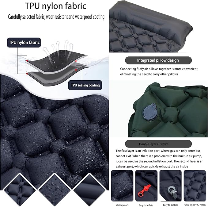 Sleeping Pad for Camping- Ultralight Inflatable Sleeping Mat with Built-in Foot Pump & Pillow, Upgraded Compact Camping Air Mattress for Camping, Backpacking, Hiking (Dark Blue)