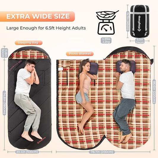 KingCamp Sleeping Bag for Adults, Cold Weather & Warm Extra Wide Big & Tall XL Portable Waterproof Flannel Sleeping Bags, Essentials Gear Accessories for Camping Backpacking Hiking Indoor & Outdoor