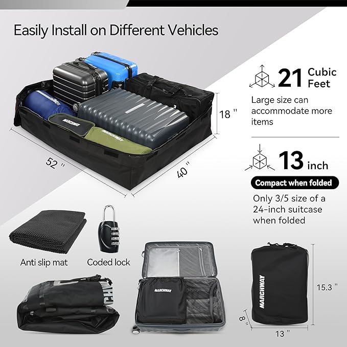 MARCHWAY Waterproof Car Roof Luggage Bag, Weatherproof Soft Shell Rooftop Cargo Carrier Bag for Vehicles with or Without Rack. 6 Door Hooks, Anti Slip Mat, Lock Included (21 Cubic Feet, Black)