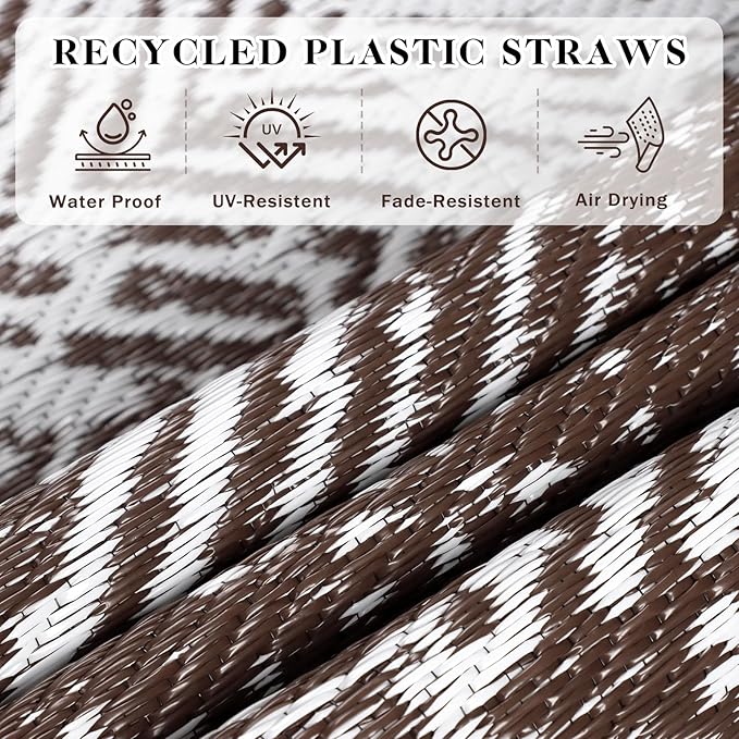 Outdoor Patio Rug 5x8 Brown, Waterproof Modern Reversible Outdoor Plastic Straw Rugs RV Camping Mat UV-Resistant Outside Carpet Portable Area Mats for Garden Balcony Deck Picnic Beach