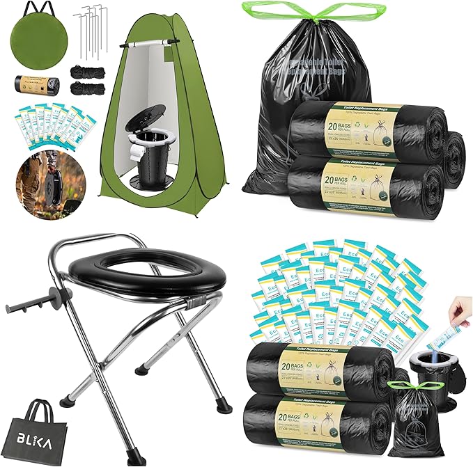 BLIKA Portable Toilet Kit for Camping, Camp Toilet with Pop-Up Privacy Tent, Toilet Bags and Eco Absorbent Gel, Foldable Portable Toilet for Adults, Portable Outdoor Shower Tent Camp Toilet