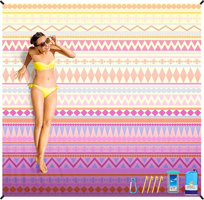 BYDOLL Beach Blanket Waterproof Sandproof 78''×81'' Suits1-4 Adults Compact Lightweight Oversized Sand-Free Blanket Large Picnic Mat for Beach Travel Camping Hiking