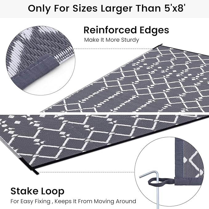 Smiry Outdoor Rug 9x12 ft, Waterproof Reversible Plastic Straw Rugs, Boho Outdoor Area Rug, Outside Floor Mat for Patio, Backyard, Deck, Picnic, Beach, Camping, Grey