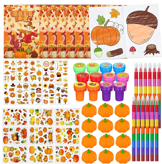 Cinrobiye 72 Pcs Fall Party Favors Thanksgiving Day Fall Coloring Books Squishy Pumpkins Tattoo DIY Sticker Stampers Class Reward Prizes for Autumn Harvest School Party