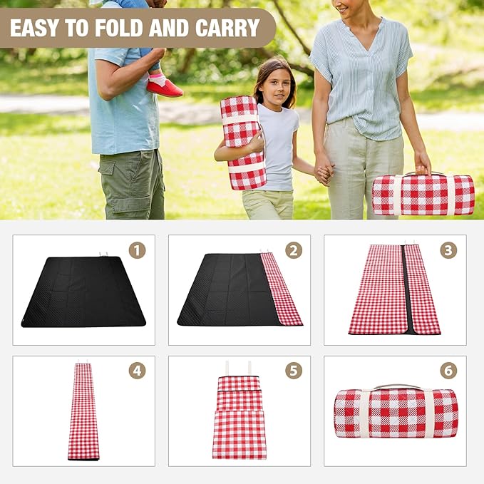 G GOOD GAIN Picnic Blankets Outdoor Extra Large - 80"x80" Portable Waterproof Picnic Blanket, Machine Washable 3-Layer Foldable Park Mat with Sandproof Backing for Grass, Hiking, Travel (Red)