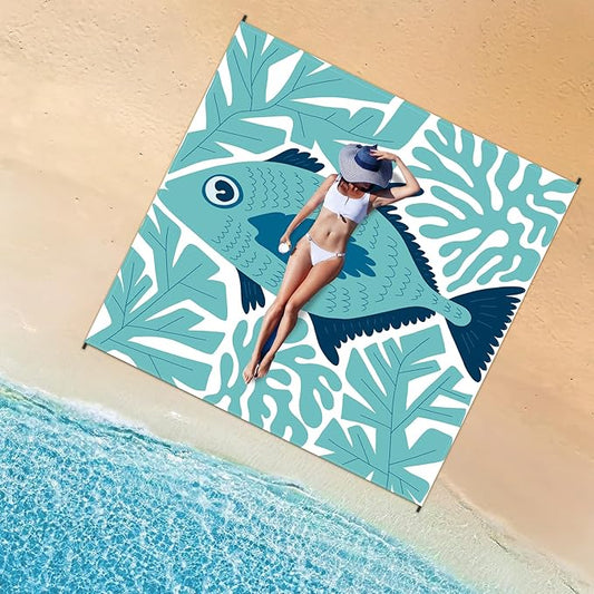 Large Beach Blanket Waterproof Sandproof 79"x 83" for 1-4 Adults,Quick Drying Beach Mat,Lightweight & Durable,Beach Essentials for Family Beach Camping Travel Picnic(Green Fish)