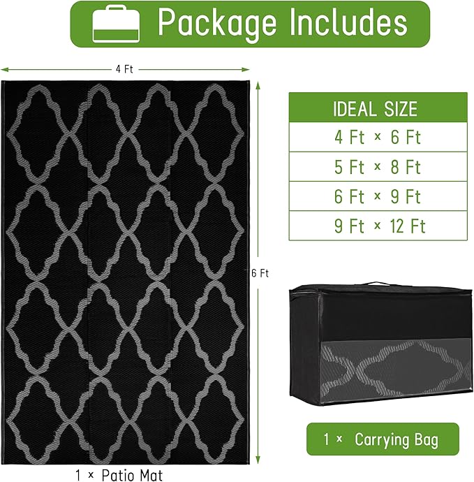 Easy-Going Reversible Outdoor Rugs 4x6ft Waterproof Plastic Straw Rug Stain & UV Resistant Floor Mat for Patio Porch RV Backyard Pool Deck Picnic Beach Trailer Camping (Moroccan Black & Grey)