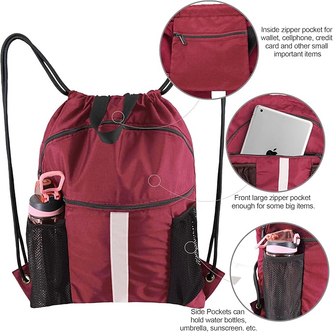 BeeGreen Drawstring Backpack Bag with Shoe Compartment, X-Large Black Gym Sports String Cinch Backpack