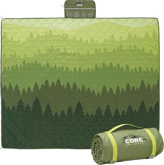 CORE Outdoor Weighted Blanket | Packable Waterproof Picnic Blanket, Beach Mat, Tent Camping Rug, & Stadium Blanket | Large Portable 94" x 78" Quilt Design with Built-in Straps and Carry Handle