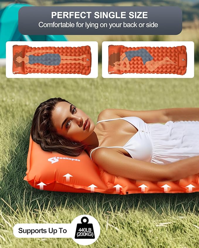Inflatable Camping Sleeping Pad with Pillow & Foot Pump, 3"x79"x26" Single Camping Air Mattress, Compact Roll-Up, Quick-Dry & Durable Sleeping Mat for Backpacking, Hiking, Tent, Travel – Orange