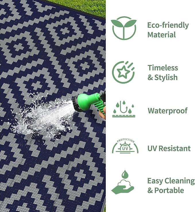 GENIMO Outdoor Rug for Patio Clearance, 10'x14' Waterproof Camping Mat, Reversible Plastic Straw Rugs for RV, Camper, Balcony, Backyard, Picnic, Deck (Blue & Grey)