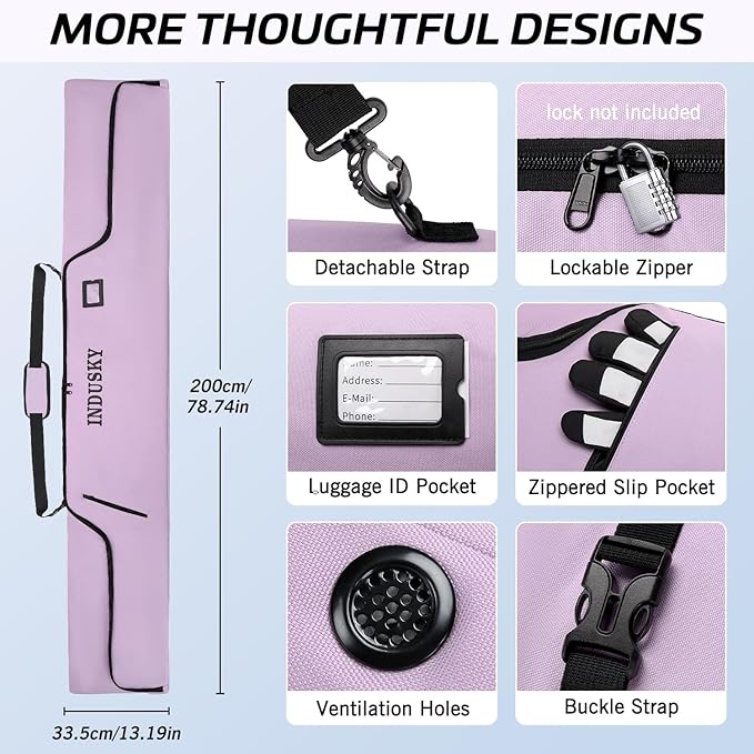 Padded Ski Bag - Waterproof, Adjustable Length, Fits Skis Up to 200cm, Portable Snow Travel Bag with Removable Shoulder Strap