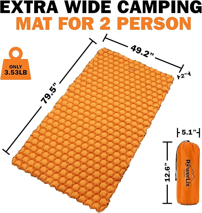 POWERLIX Double Sleeping Pad - Ultralight 2 Person Camping Mattress for Backpacking, Hiking, Compact Inflatable Camping Sleeping Mat, Easy to Inflate Portable Camping Pad Air Mattress