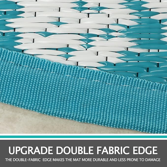 Capslpad 8Ft Round Outdoor Rug for Patio Clearance Boho Reversible Mat Waterproof Outdoor Plastic Straw RV Camping Rug Outside Circle Area Rug for Porch Deck Terrace Picnic Beach Apartment, Teal