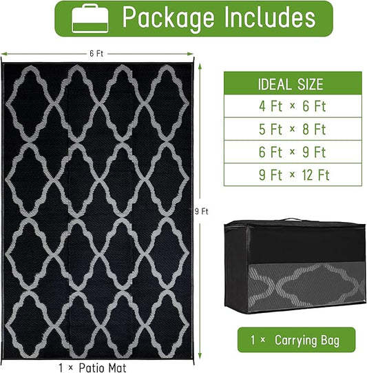 Easy-Going Reversible Outdoor Rugs 6x9ft Waterproof Plastic Straw Rug Stain & UV Resistant Floor Mat for Patio Porch RV Backyard Pool Deck Picnic Beach Trailer Camping (Moroccan Black & Light Grey)