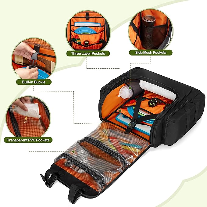 Large Tactical Camping Kitchen Organizer, Hanging Cookware Storage Bag with Paper Towel Holder & Multi Pockets, Portable Camp Utensil Organizer for BBQ Cooking Essentials, Black, Bag Only