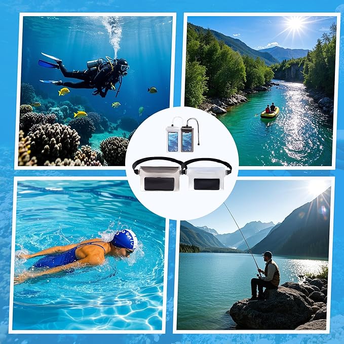4 Pack Waterproof Fanny Pack with Waist Strap Waterproof Phone Pouch Dry Bag for Kayaking Pool Swimming Boating Beach Fishing Travel Diving Surfing (Black & White, 2 Fanny Pack + 2 Pouch Bag)