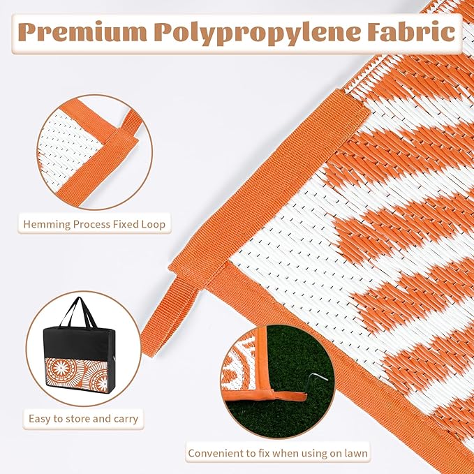 Ileading Outdoor Plastic Straw Rug 5x8ft Modern Geometric Style Reversible Patio Area Rugs Waterproof Non Shedding Portable Carpets for Rv Outside Deck Pool Beach Picnic Camping (Orange)