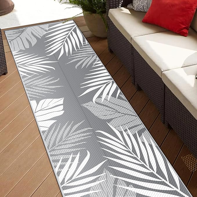 GENIMO Outdoor Rug 2.5' x 8' Waterproof for Patios Clearance, Reversible Outdoor Plastic Straw Hallway Runner Rug Carpet, Entryway Rugs Mats for Deck, Porch, Balcony, Camping, RV, Camper, Grey&White