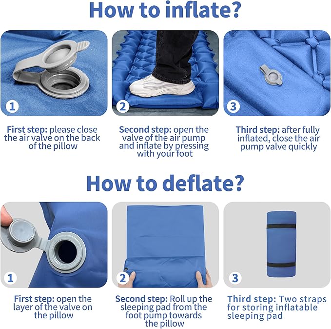 Single Sleeping Pad for Camping, Ultralight Inflatable Sleeping Mat with Pillow and Built-in Foot Pump, Portable Camping Mattress for Tent, Backpacking, Hiking, Traveling (Single,Blue)