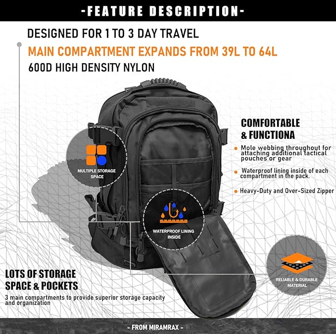 Tactical Backpack Military Army Daypack - Assault Pack for Men Molle Backpacks Bug Out Bag 3 Day Pack for Hiking Camping Travel Hunting Rucksack Trekking Black