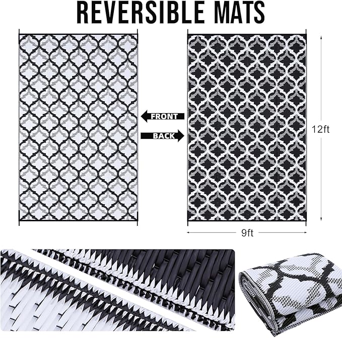 OLANLY Reversible Outdoor Rug 9x12 ft Clearance, Waterproof Outdoor Plastic Straw Rug with Interlacing Pattern, RV Mat for Patio, Camping, Balcony, Deck, Backyard, Black & White