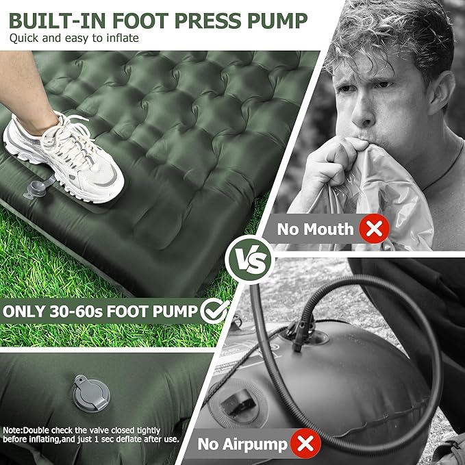 Sleeping Pad for Camping, Ultralight 4.7" Extra-Thick Inflatable Camping Mat with Pillow Built-in Foot Pump, Compact Lightweight Air Mattress for Backpacking Hiking Car travel Tent, Military Green