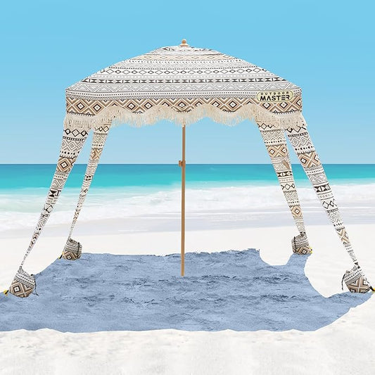 OutdoorMaster Beach Cabana with Fringes, Portable 6' x 6' Beach Canopy for Sand, Easy Set Up Sun Shelter, Included Side Wall, UPF 50+ UV Protection Sun Umbrella - for Family & Friends -Vintage Brown