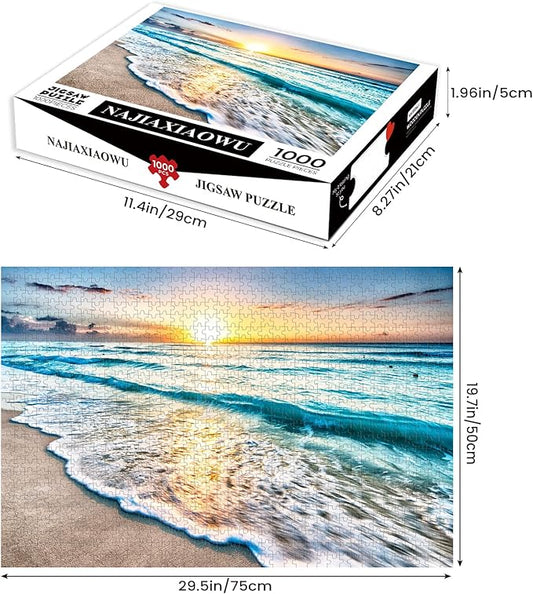 Puzzles for Adults 1000 Piece,Sunset Beach Wooden Jigsaw Puzzle Art,DIY Leisure Game Fun Toy Gift Suitable Family Friends