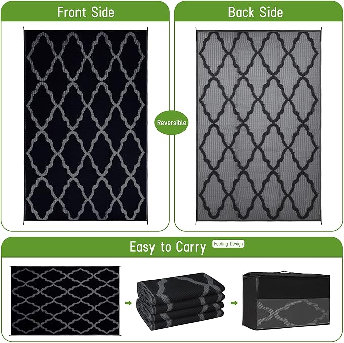 Easy-Going Reversible Outdoor Rugs 9x12ft Waterproof Plastic Straw Rug Stain & UV Resistant Floor Mat for Patio Porch RV Backyard Pool Deck Picnic Beach Trailer Camping (Moroccan Black & Grey)