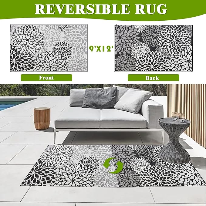 Outdoor Rug 9x12 ft Waterproof, Reversible Outdoor Plastic Straw Rug for Patios Clearance, Outdoor Area Rug Carpet RV Mat for Camping Backyard Deck Porch