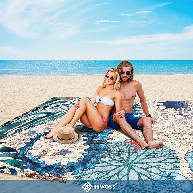 Beach Blanket Waterproof Sandproof Oversized 95”x 80”,Sand Free Beach Mat with Corner Pockets,Portable Mesh Bag for Beach Festival,Picnic,Travel and Outdoor Camping (Seahorse)