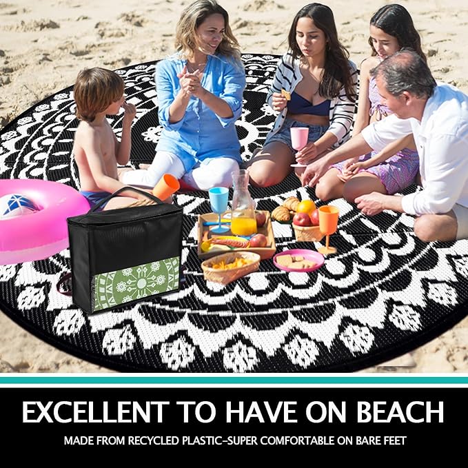 Capslpad 8Ft Round Outdoor Rug for Patio Reversible Mat Boho Circle Indoor Outside Area Rug Waterproof Plastic Straw Rug for RV Camping Picnic Pool Tent Beach Deck Balcony Doormats Decor