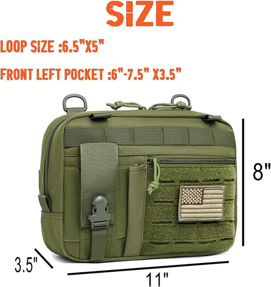 Tactical Molle Admin Pouch of Laser Cut Design,Medical EMT Organizer with Phone Pouch,EDC EMT Pack IFAK Tool Holder with US Patch (Large Green Without Accessories)