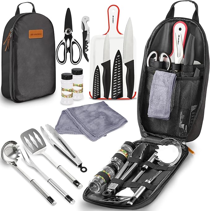 Camp Kitchen Cooking Utensil Set Travel Organizer Grill Accessories Portable Compact Gear for Backpacking BBQ Camping Hiking Travel Cookware Kit Water Resistant Case