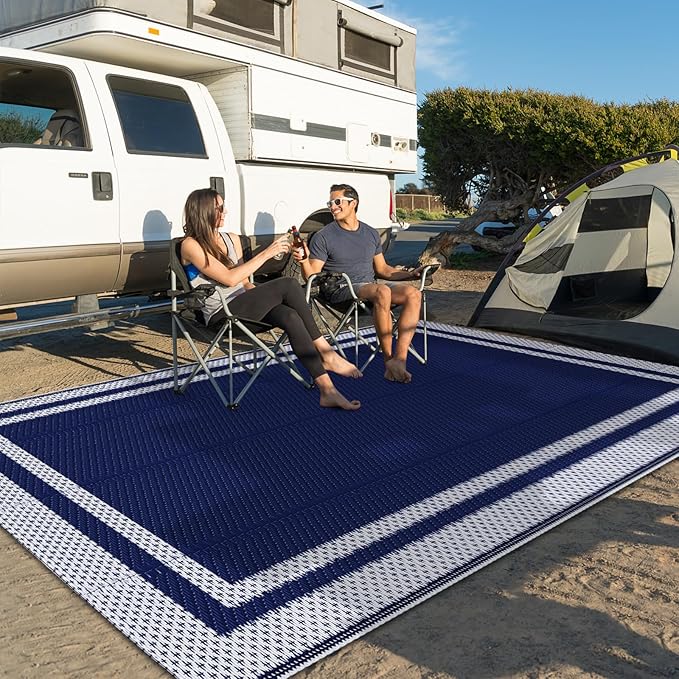 HappyTrends Outdoor Rug Reversible Portable Plastic Straw Camping Rugs for Outside RV,Large Waterproof Outdoor Area Rugs for Patio,Deck,Porch,Balcony (5'x 8',White&Blue)