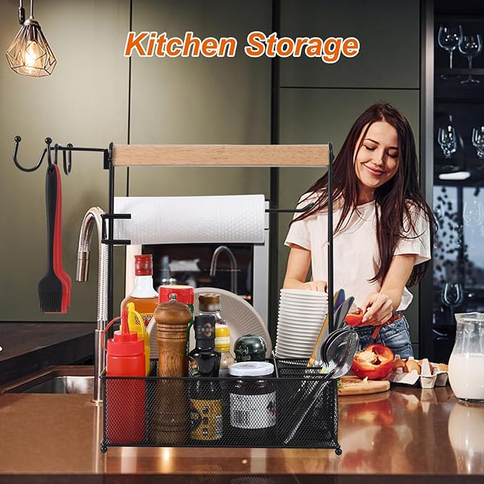 Grill Caddy, Picnic BBQ Organizer for Camping Outdoor Mesh Basket with 3 Hanging Hooks and Paper Towel Holder, Ideal Table Storage Tools for RV Camper/Tailgating/Flatware