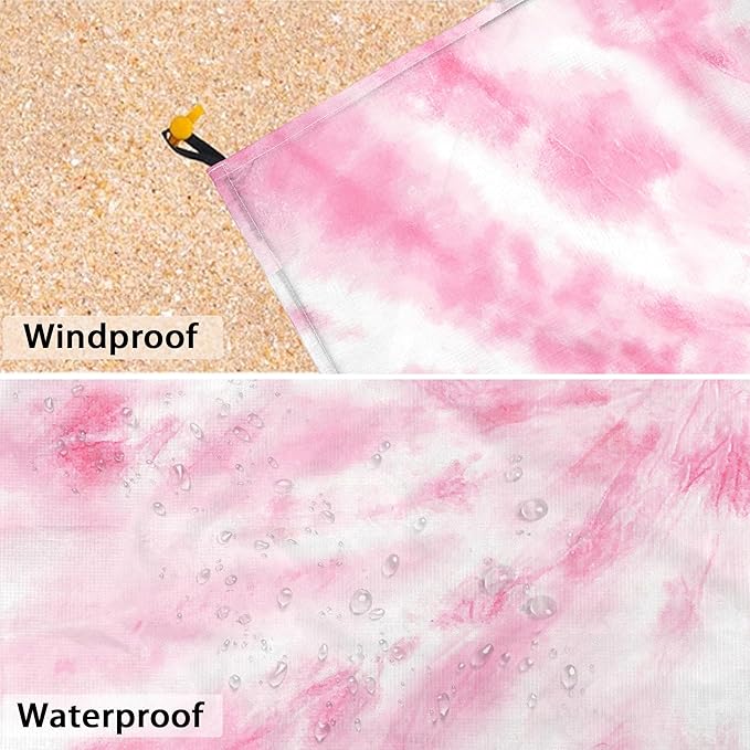 Beach Blanket Waterproof Sandproof, 10'X 9' Extra Large Oversized Beach Mat for 2-8 Adult, Quick Drying Lightweight &Compact Polyester Picnic Blankets for Outdoor, Travel, Camping, Hiking-Pink Tie-dye