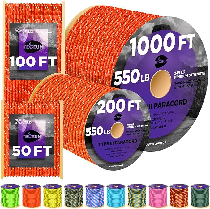TECEUM Heavy Duty Rope 1000 – 1000ft / 200ft / 100ft / 50ft – 40+ Colors – Utility Rope for Survival & Camping Gear – Nylon String, Camping Rope, para Cord, Utility Nylon Rope, Tent Cord